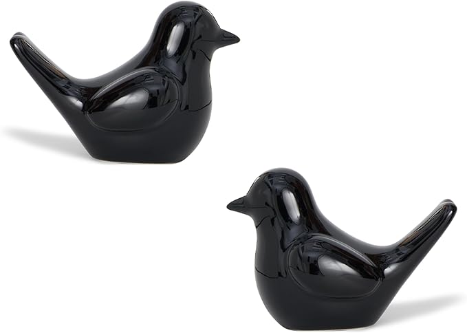 Small Black Bird Statue Ceramic 2-Piece Set, 3¾ inch Cute Knick Knack for Home Office Shelf Desk Decor
