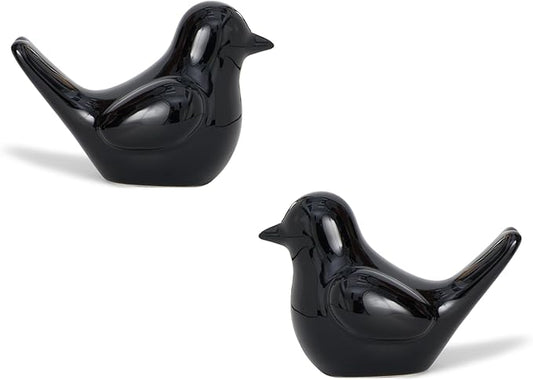 Small Black Bird Statue Ceramic 2-Piece Set, 3¾ inch Cute Knick Knack for Home Office Shelf Desk Decor