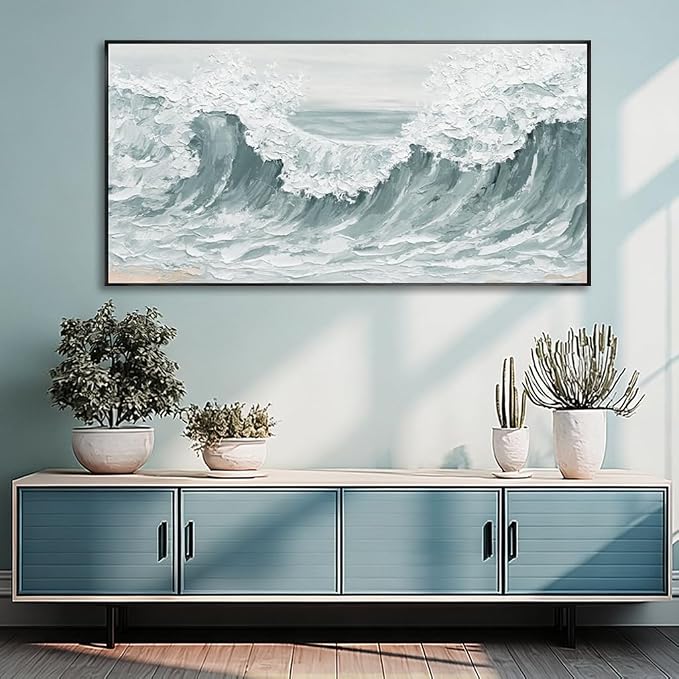 Sea Wave Abstract Light Green Wall Art for Living Room Artwork Canvas Art Wall Decor Painting Print Picture for Bedroom Office Hotel Home Decoration 24"x48"With Framed