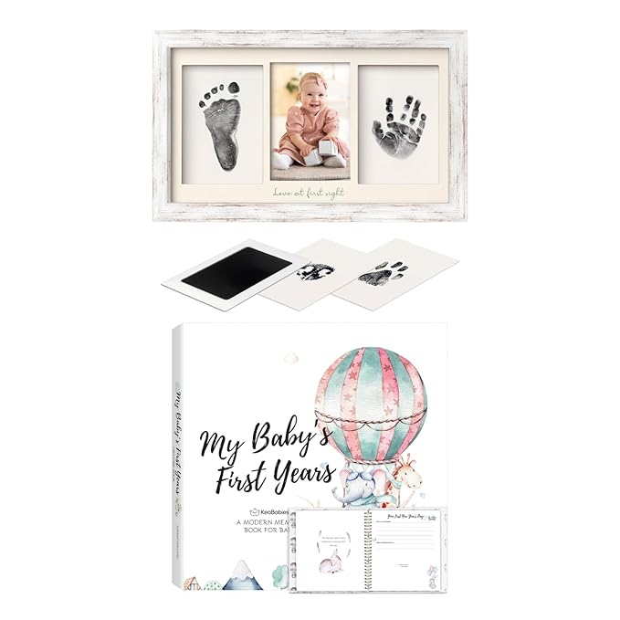 KeaBabies Inkless Baby Hand And Footprint Kit Frame and First 5 Years Baby Memory Book Journal - Personalized Baby Picture Frame for Newborn - 90 Pages Hardcover First Year Keepsake Milestone Book