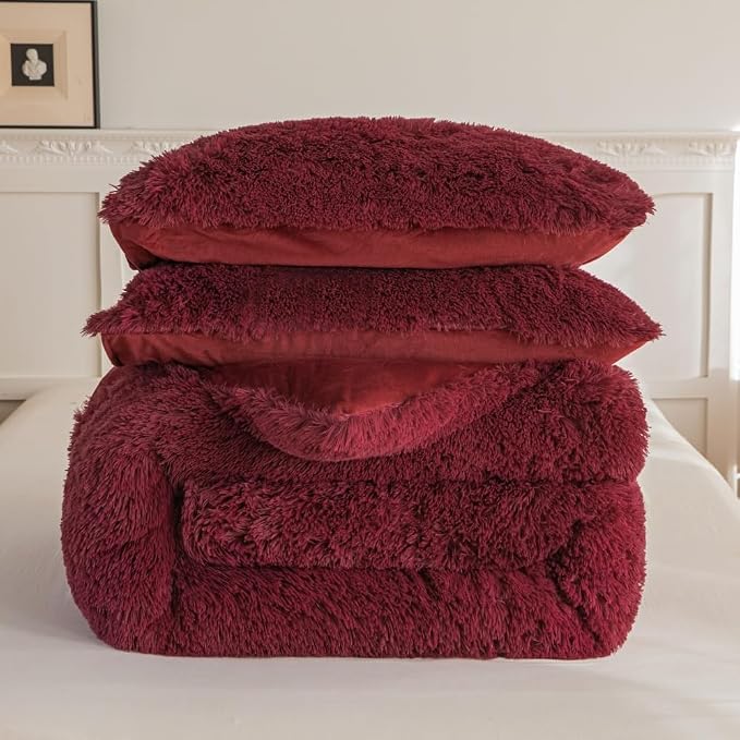 chovy Faux Fur Plush Wine Red Comforter Sets Twin/Full Size - Ultra Soft Shaggy Flannel Velvet Fluffy Fuzzy 3PC Bedding Set (Comforter x 1 Pillowcases x 2)