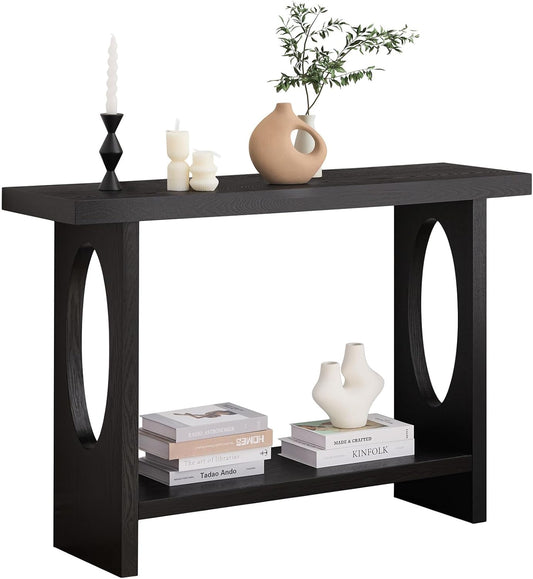 BECHAEO 47-Inch Modern Narrow Console Tables with Solid Wood Veneer - 2’’ Thickened Tabletop, 2-Tier Slim Sofa Table Behind Couch, Rectangle Entryway Table for Hallway Living Room, Black Oak