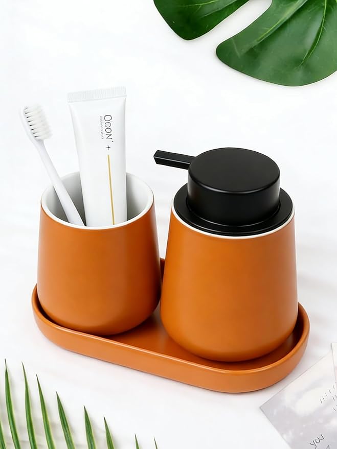 BosilunLife Ceramic Bathroom Accessories Set 3 Pcs, Foaming Soap Dispenser and Toothbrush Holder with Tray, Modern Farmhouse Vanity Decor, Orange Housewarming Gift