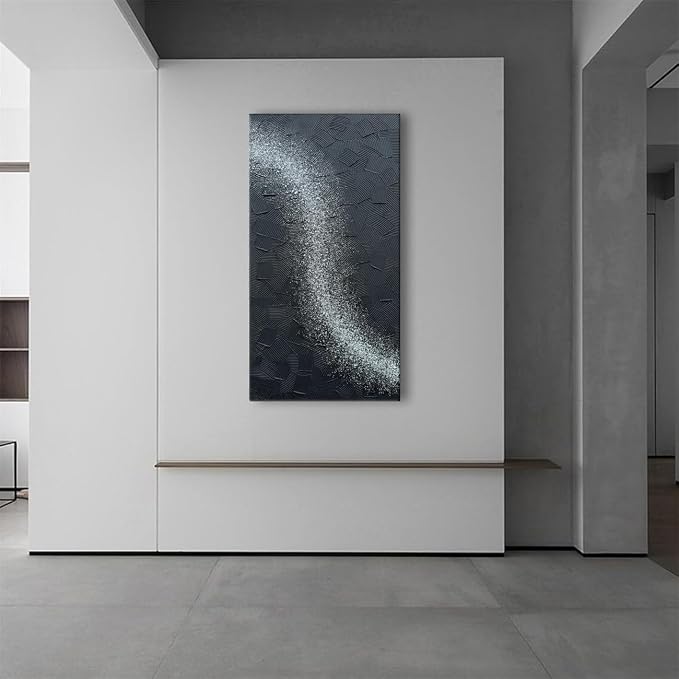 zoinart Handmade Large Glittery Crystal Canvas Wall Art, 24x48 Inches Black Abstract Modern Oil Paintings, Textured Contemporary Wall Art Ready to Hang