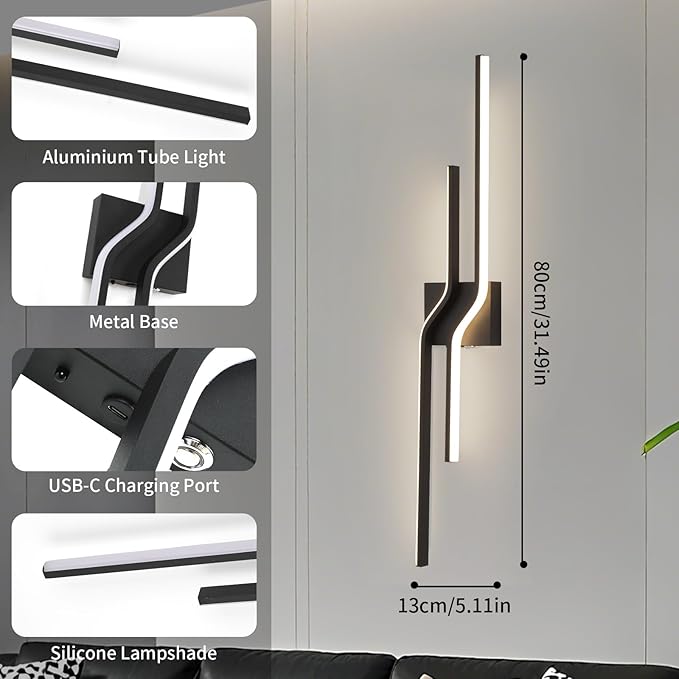Modern Battery Operated Wall Sconces,12000mah Wireless Wall Sconces with Remote,31.5 Inch Rechargeable Black Wall Lights for wall Decor,Dimmable LED Wall Lamps for Living Room,Bedroom,Hallway