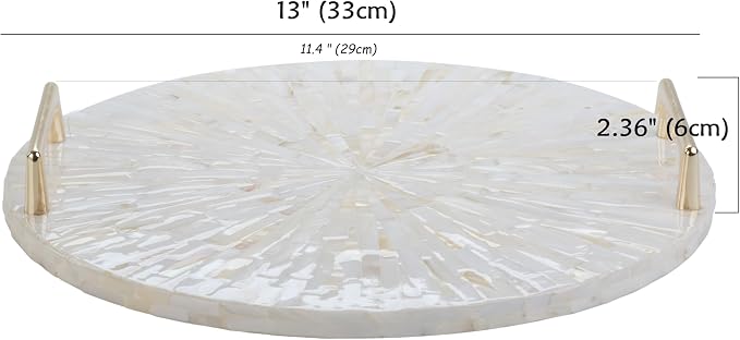 PEMAR Mother of Pearl Decorative Tray, 13"" Round with Gold Metal Handles, Vanity/Perfume/Trinket Tray, Catchall for Dresser, Bathroom, Vanity Table (White Sunlight)