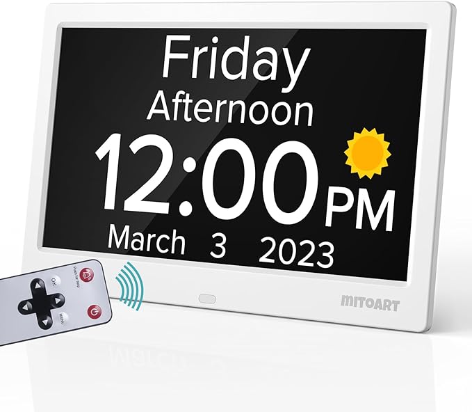 10.1 Inch Digital Alarm Clock with Date and Day of Week for Dementia Seniors, Clear Large Screen, Multiple Alarm Sets, Auto DST, Designed Specifically for Elderly - White