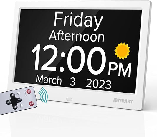 10.1 Inch Digital Alarm Clock with Date and Day of Week for Dementia Seniors, Clear Large Screen, Multiple Alarm Sets, Auto DST, Designed Specifically for Elderly - White