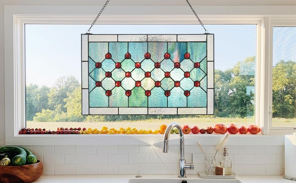 Tiffany Stained Glass 19.25" x 11.75" Window Panel, 100% Genuine Stained Glass and Cabochon, Handcrafted 73 Pieces, 9.25 by 11.75-inch, Hanging chain included, Blue/Green.