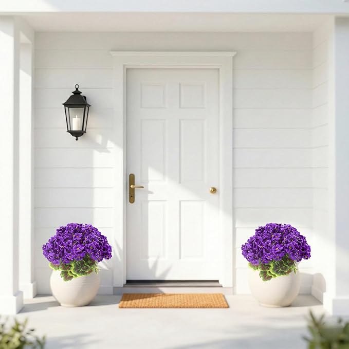 lovemoon 2Set Geranium Potted Artificial Flowers,Fake Geranium Plants for Outdoor Home Décor Office Tables Porch Garden Decor (2, Purple)