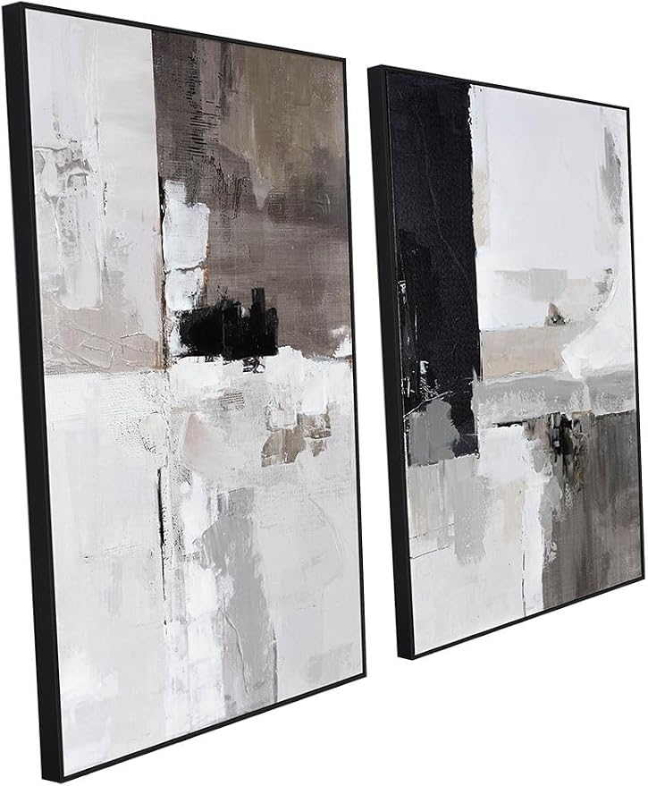 SAFERRYHOME Set of 2 Modern Grey and Black Abstract Wall Art - Framed Canvas Paintings for Living Room, Bedroom, Office Décor - 24x36 Inches Each