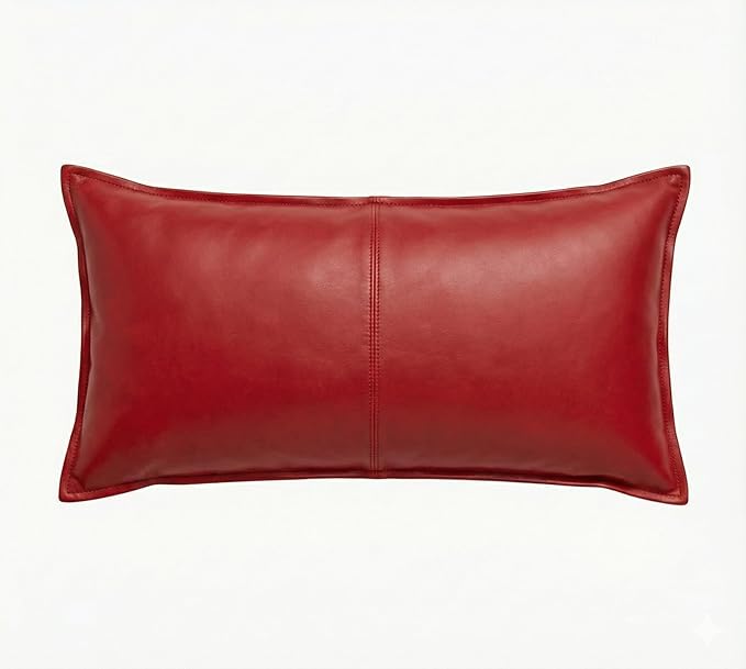 Genuine Leather Pillow Cover Case for Lumbar Throw Couch Pillows - Modern Farmhouse Decorative Sofa Thick & Soft Cushion Covers (Red, 12" x 20")