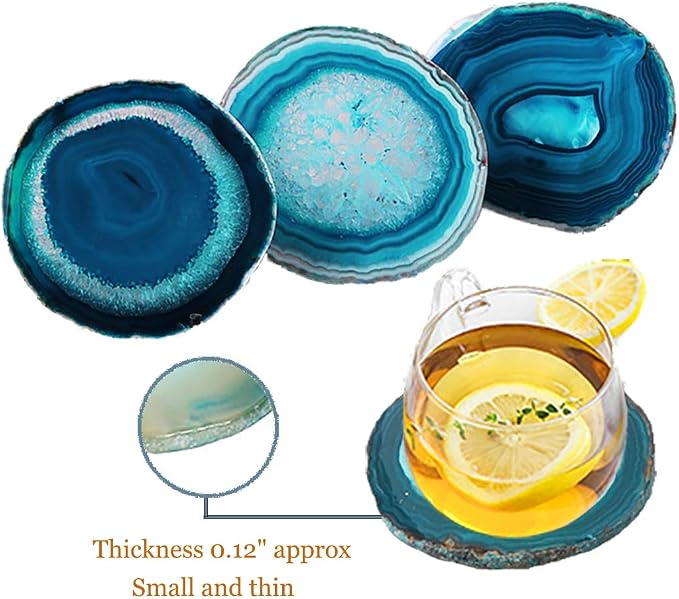 AMOYSTONE Teal Agate Coasters for Drinks - Set of 4 Geode Crystal Quartz Rock Slices With Rubber Bumpers 3-3.5"