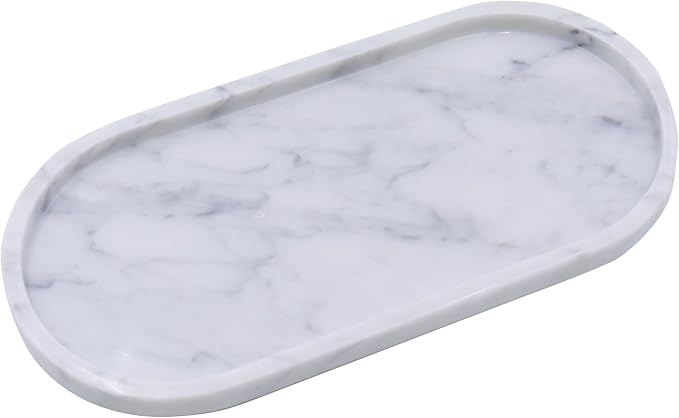 OOBOOB Oval Natural Marble Bathroom Tray for Decor Countertop, Marble Vanity Tray for Candles Perfume, Jewelry, Cosmetics, Elegant Vanity Organizer for Jewelry, Perfume
