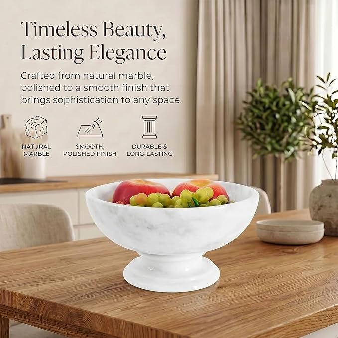 Radicaln Marble Fruit Bowl For Kitchen Counter 10" Inches White Handmade Candy Bowl For Entryway Table, Ideal Decorative Bowl, Serving Bowl and Fruit Holder For Dining Table Centerpiece