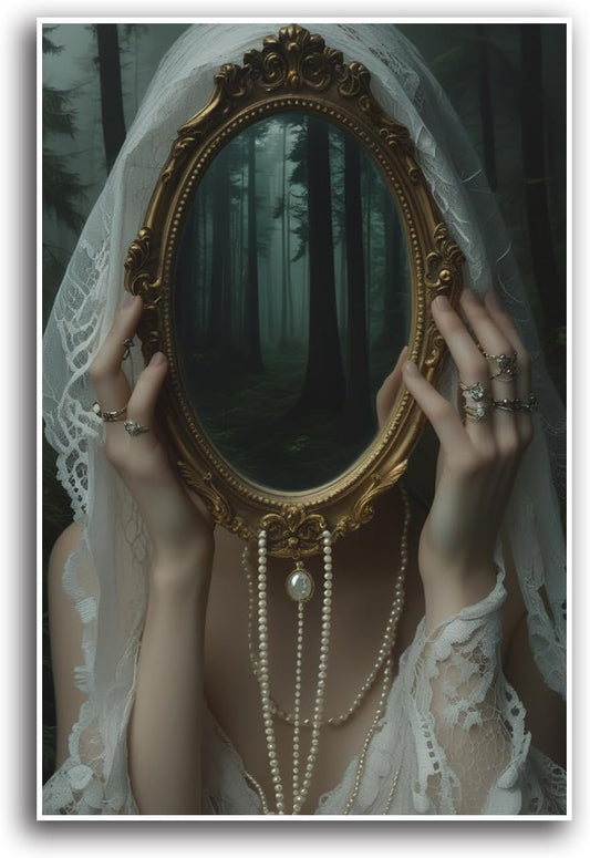 Mirror face covering dark art poster print melancholy gothic painting vintage feminine print victorian style decoration antique art32x48in Frameless