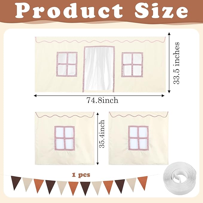 Breling 3 Panel Bunk Bed Curtains for Bottom Loft Bed Tent Set with Felt Flag Double-Layer Twin Bunk Curtains Playhouse Accessories for Boy Girl Bedroom(Cream)
