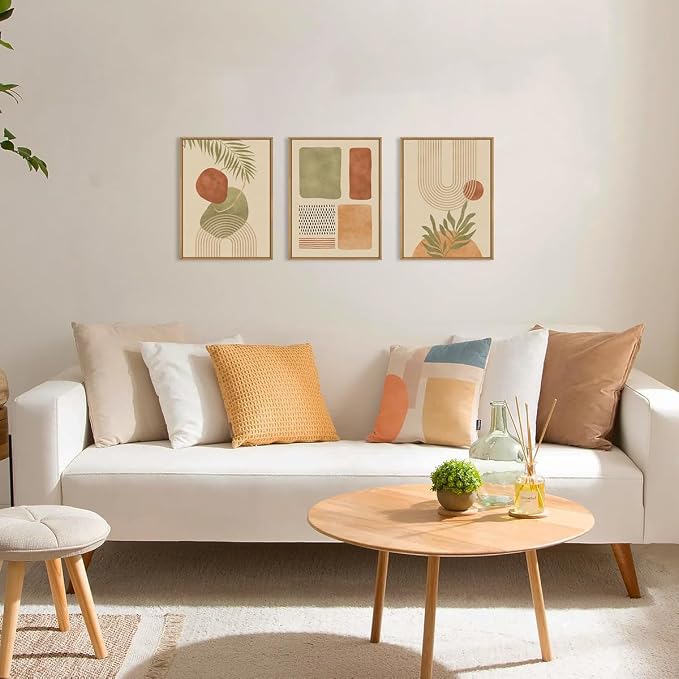 Boho Sage Green Framed Canvas Wall Art,Abstract Geometric Beige Wall Decor,Mid Century Modern Art Prints,Neutral Botanical Leaf Artwork for Living Room,Bedroom,Office -12"x16"x3