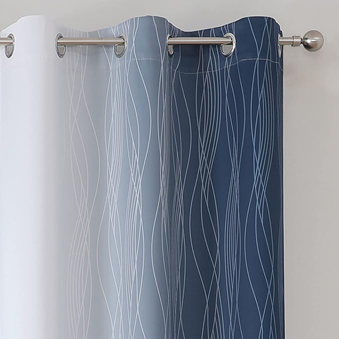 Estelar Textiler Grayish White and Navy Blue Blackout Curtains for Living Room, Ombre Thermal Insulated Noise Reducing Blackout Drapes for Bedroom, Room Darkening Grommet Curtains, 42Wx63L, 2 Panels