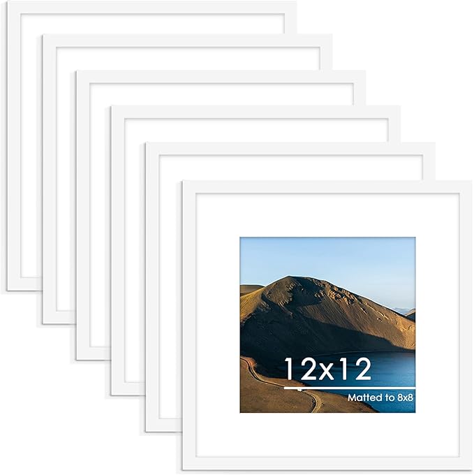 PEALSN 12x12 Picture Frame Set of 6, Display Pictures 8 x 8 with Mat or 12 x 12 without Mat for Wall Mounting Display, Poster Frames Collage for Wall Decor, White.