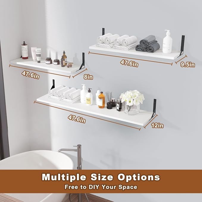 Long Wall Shelves, 48" W x 12" D Large Floating Shelves Set of 2, Wide Display Wood Shelf Wall Mounted with Heavy-Duty Metal Brackets for Bedroom Books, Living Room, Kitchen, White