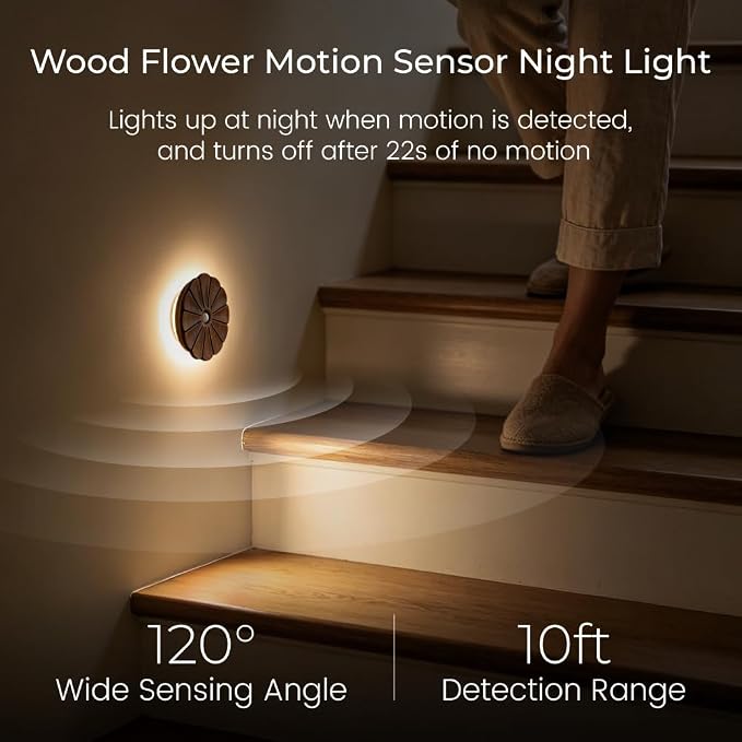 Motion Sensor Night Light Wooden Carved Flower USB Rechargeable Stick-On Step Lights Magnetic Mini Wall Lights for Hallway Bedroom Living Room Stair (Black Walnut)