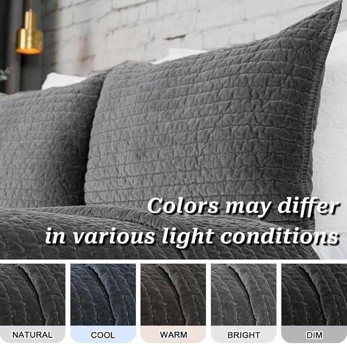 ELEGANT LIFE HOME Dark Gray Velvet Quilt Queen Reversible Royal Cotton Velvet Pic-Stitch Bedding Quilt - Queen - 88''x 92'', Grey