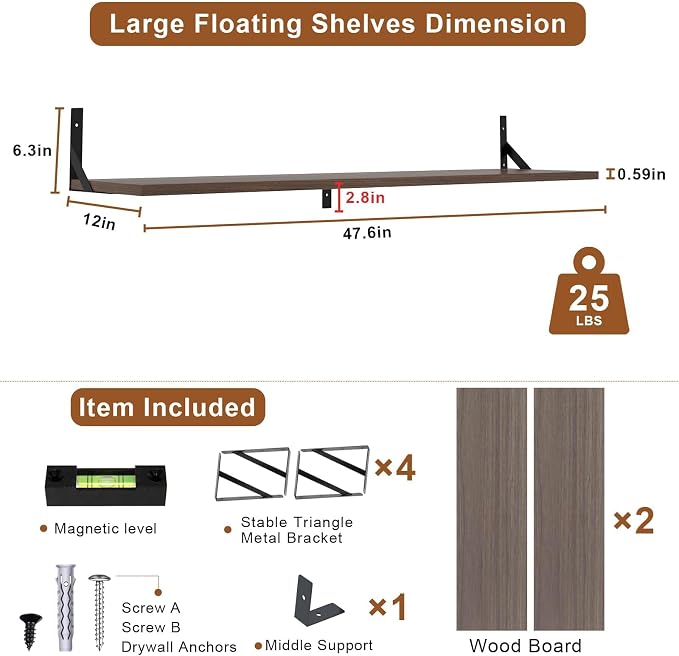 Long Wall Shelves, 48" W x 12" D Large Floating Shelves Set of 2, Wide Display Wood Shelf Wall Mounted with Heavy-Duty Metal Brackets for Bedroom Books, Living Room, Kitchen, Walnut