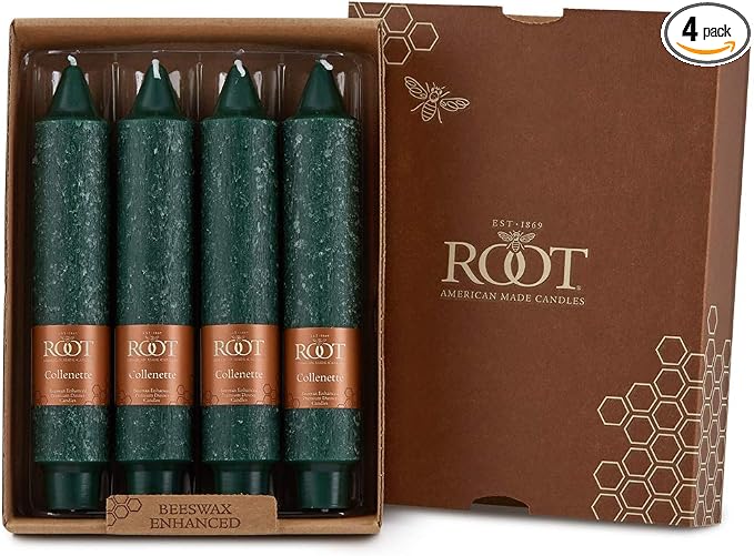 Root Candles 4-Count Unscented Dinner Candles Dripless Beeswax Enhanced Timberline™ Collenette Boxed Candle Set, 7-Inch, Dark Green