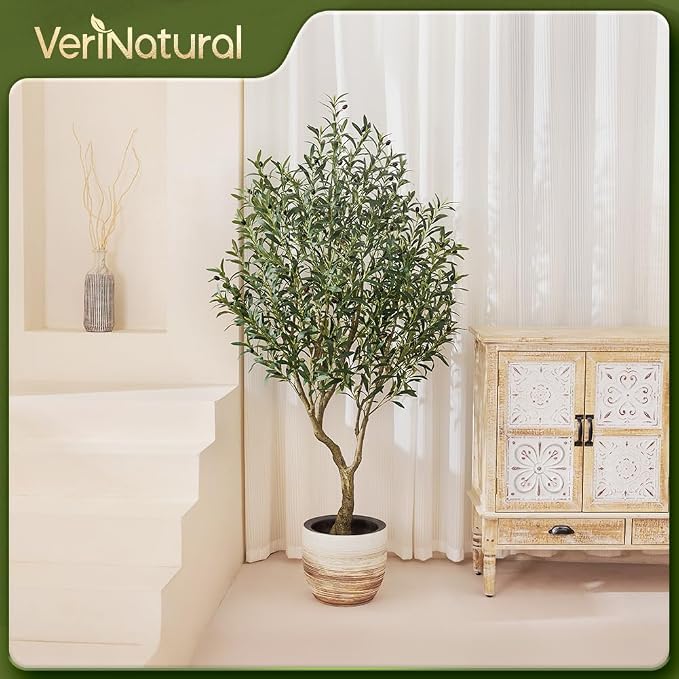 Artificial Olive Tree 6FT Fake Plants Indoor - UV Resistant Faux Olive Tree in Black Pot, Outdoor Tall Faux Silk Tree - Fake Trees for Modern Home Decor,Living Room, Office, Patio, Balcony, VN154