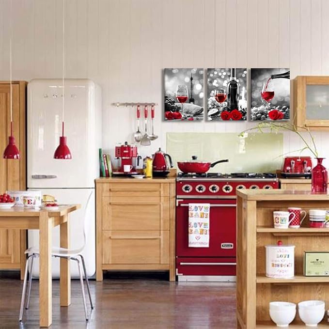 Wine Decor Kitchen Canvas Art Red Wine Rose Artwork for Home Walls Black and White With Red Wine Painting Printed Rose Art Dining Room Decor Red Kitchen Pictures Wall Decor Stretched 12x16inches x3pcs