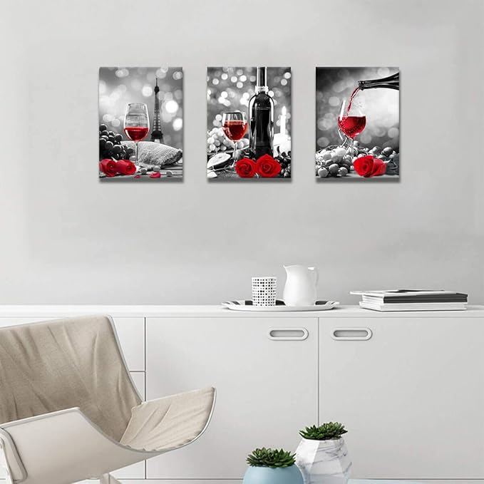 Wine Decor Kitchen Canvas Art Red Wine Rose Artwork for Home Walls Black and White With Red Wine Painting Printed Rose Art Dining Room Decor Red Kitchen Pictures Wall Decor Stretched 12x16inches x3pcs