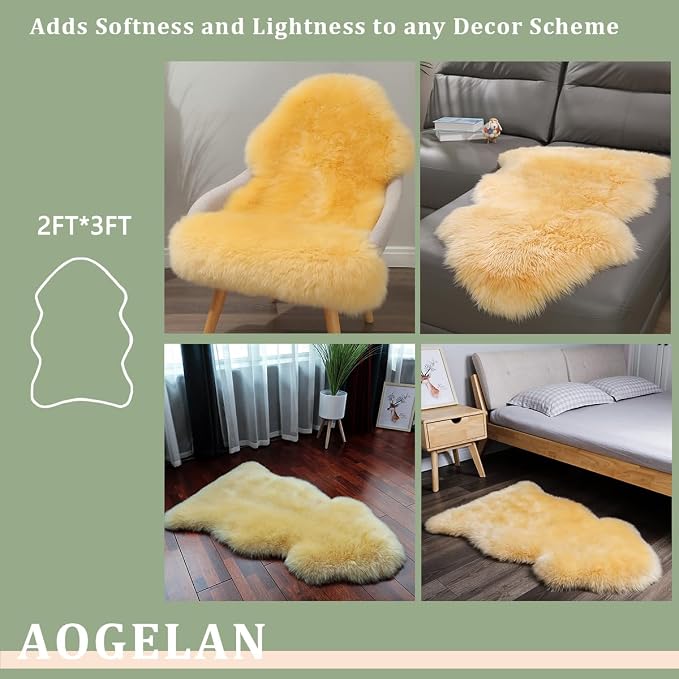 AOGELAN Premium Genuine Sheepskin Rug, Genuine Sheepskin Natural Fluffy Fuzzy Lambskin Fur Area Rug Seat Covers for Kids Bedroom Sofa Chair Cover Pets Dogs Mat Single Pelt/2' x 3' Golden Yellow