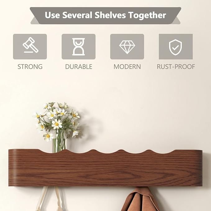 Wall Mounted Coat Rack with Shelf, Wooden Entryway Organizer with Hidden Metal Hooks for Hanging Coats Bags Keys, Modern Floating Shelf for Hallway Bathroom