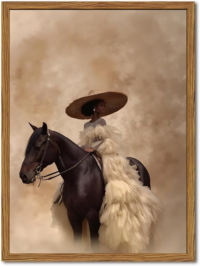 Framed Western Cowgirl Wall Art, Fashion Black Girl Riding Horse Canvas Wall Decor Painting, Black Woman African American Bride Pictures Prints Aesthetic Home Decor for Living Room Bedroom 16x24 inch