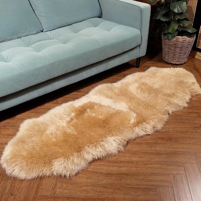 IRIWOOL Premium Genuine Fur Sheepskin Rug Real Australia Sheepskin Natural Luxury Fluffy Lambskin Fur Area Rug Seat Covers for Kids Bedroom Sofa Chair Cover (Light Brown, Double Pelt/2ft x 6ft)