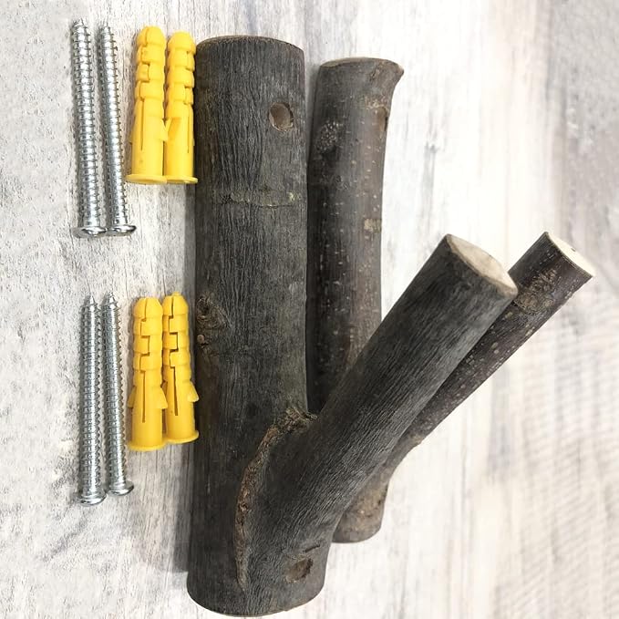 2Pcs Real Wood Tree Branch Wall Hook, Farmhouse Rustic Decorative Wooden with Bark Trunk Thickness 2cm-3cm with Screw
