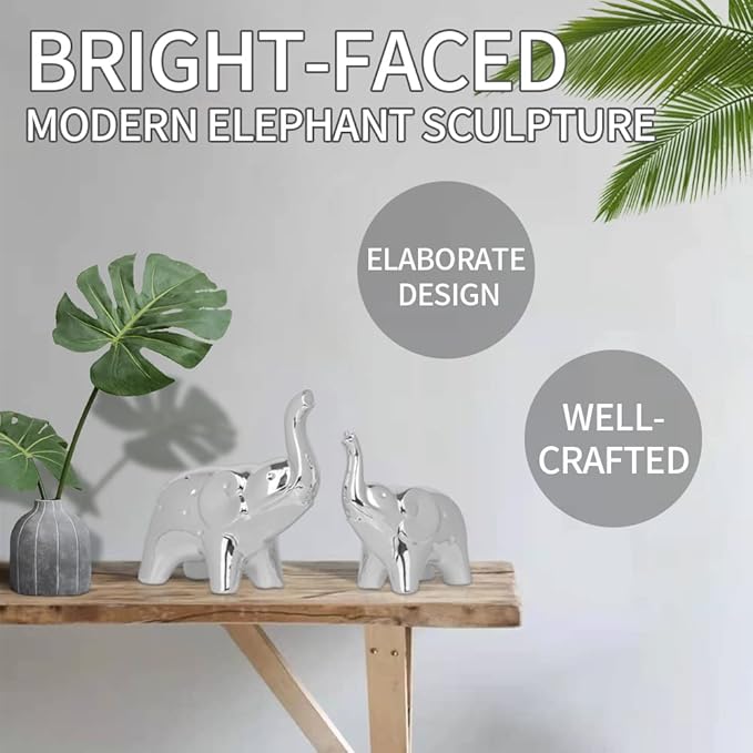 A Pair Elephant Statue Home Decor,Modern Style Figurines,Sculpture for Office Desktop Bookshelf Living Room (Silver)