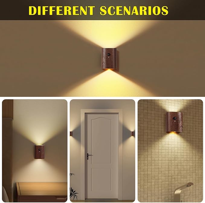 LANDGOO 2-Pack Wood Step Light with Motion Sensor, Rechargeable Stair Night Light Set, Sapele Wood 2700K Warm White LED Wall Lamps, Easy No-Wire Installation for Hallway Bedroom Staircase