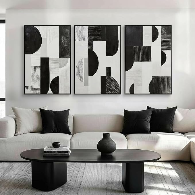 Zessonic Abstract Black White and Grey Wall Art Framed Geometry Canvas Print Modern Contemporary Edgy Block Artwork for Living Room, Bedroom, Office Decor - Set of 3, 16x24 Inch (Ready to Hang)