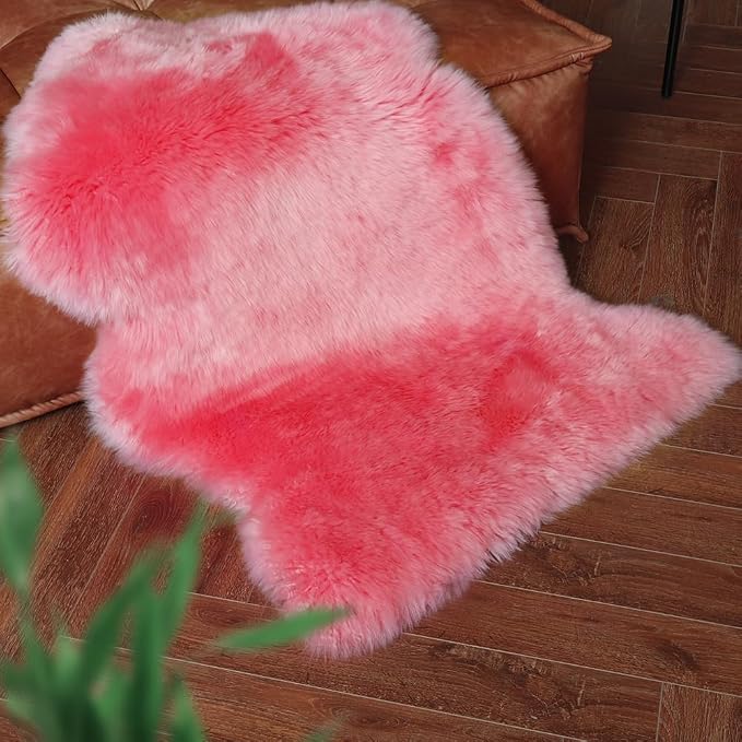 IRIWOOL Premium Genuine Fur Sheepskin Rug Real Australia Sheepskin Natural Luxury Fluffy Lambskin Fur Area Rug Seat Covers for Kids Bedroom Sofa Chair Cover (Pink, Single Pelt/2ft x 3ft)