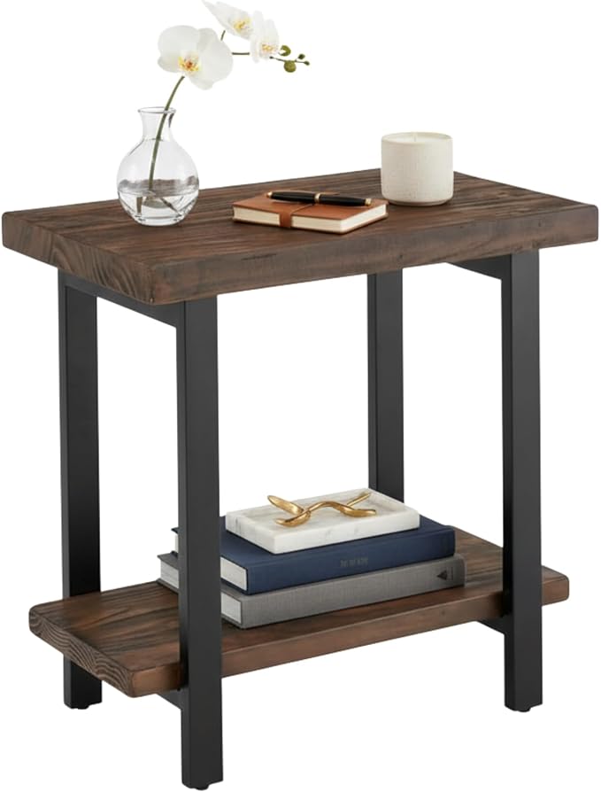 Alaterre Furniture Pomona Solid Wood 2-Tier End Table, Rustic Brown, 27” | Side Table or Nightstand with Storage Shelf and Metal Legs, Industrial Farmhouse Chair Side Table for Living Room or Bedroom