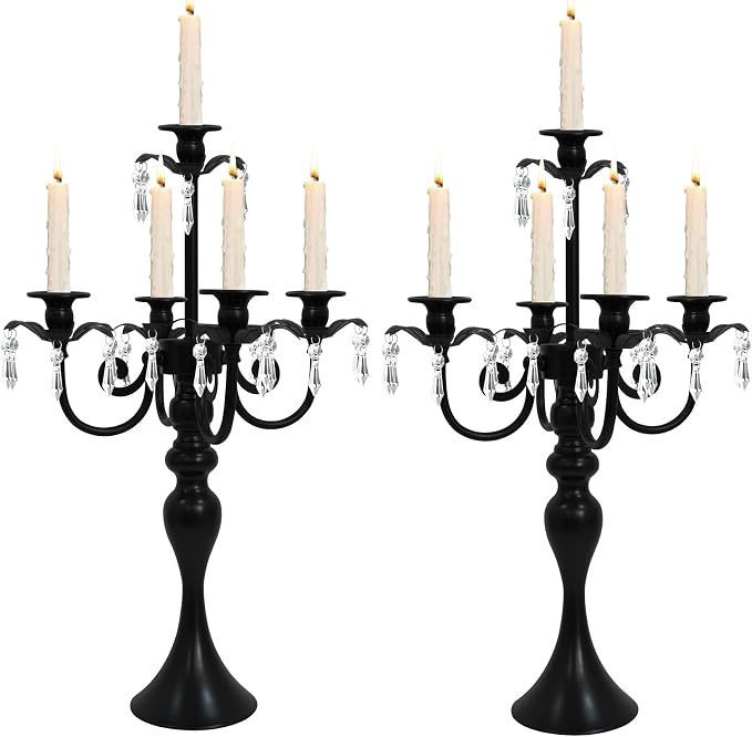 2Pcs Candelabras Centerpieces for Tables, 20" Tall Candlestick Holder for Taper Candles, 5 Arm Crystal Candelabra Candle Holder for Wedding Centerpiece Decor Party Event Reception Decoration (Black)