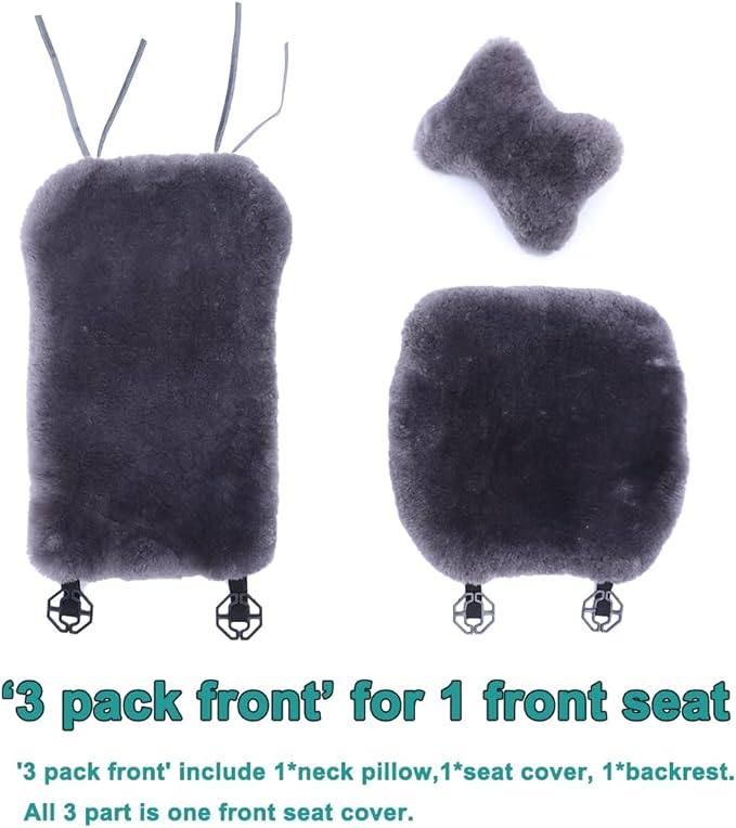 Fuzzy Sheepskin Car Seat Covers | Genuine Fur Wool Seat Protectors for Leather Bucket Seat Cushions | Fluffy Warmers for Mercedes, Audi & Luxury Cars | Flush Furry Interior Upgrade, Carbon Black