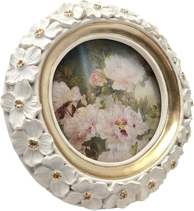 SYLVIA'S SHOP 3x3 Small Vintage Round Picture Frame, Mini Antique White Ornate Circle Photo Frame, for Tabletop and Wall Display, Decorative Floral Design Retro Home Decor, Photo Gallery Art