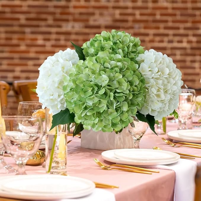JINWOE Green Hydrangea Artificial Flowers, 4Pcs 22" Large Lifelike Faux Silk Flowers, Full Artificial Hydrangeas for Bouquet Table Centerpieces Indoor Spring Outdoor Home