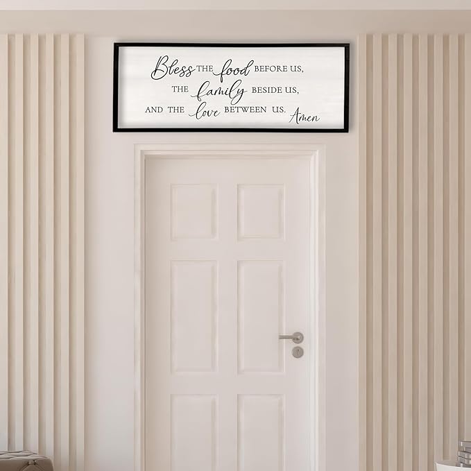 Surfapans Bless the Food Before Us Wall Decor, 40"X15" Farmhouse Dining Room Family Kitchen Sign, Christian Bible Verse Scripture Vintage Home Framed Wood Wall Art (Black)