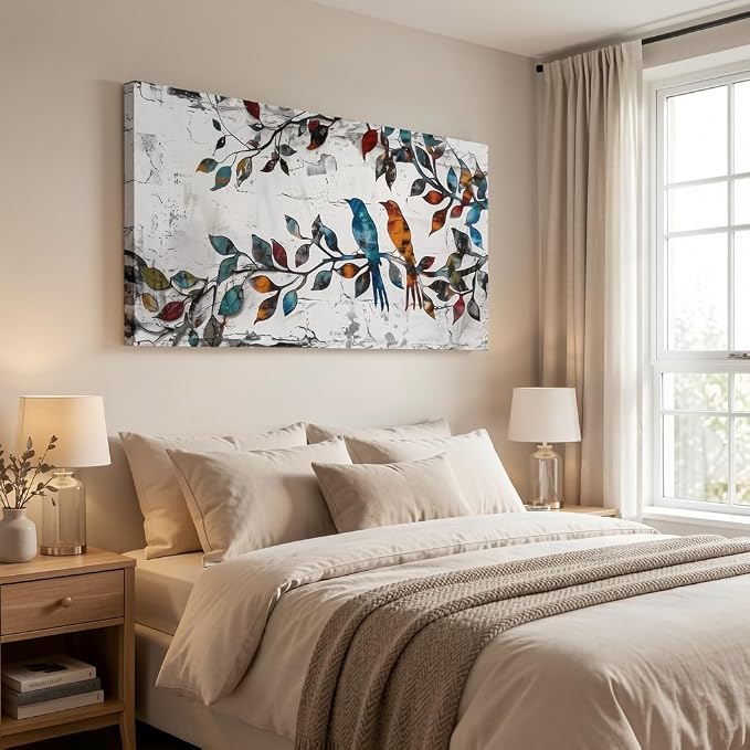 Wall Art Funny Paintings Colorful Birds on a Branch Art Mural Pop Art Home Office Wall Decor Framed Canvas Wall Decor for Living Room Ready to Hang - 40x20in