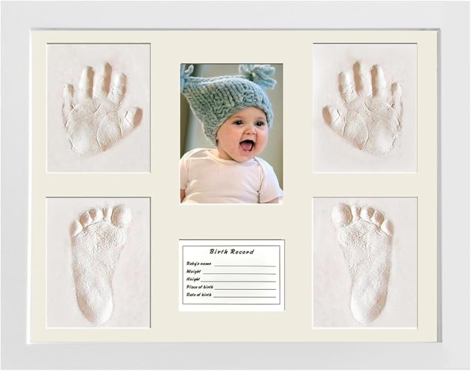 MICKYU Baby Handprint and Footprint Kit, Newborn Keepsake Wood Picture Frame with Air-Dry Clay, Nursery Decor, White, 13 x 11 Inch