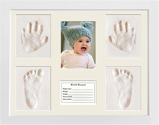MICKYU Baby Handprint and Footprint Kit, Newborn Keepsake Wood Picture Frame with Air-Dry Clay, Nursery Decor, White, 13 x 11 Inch